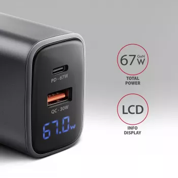 Φορτιστής τοίχου AXAGON ACU-PQ67D, 67W, USB-C PD3.0 + USB-A QC4+, 2 έξοδοι, οθόνη LCD, 100–240V