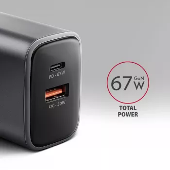 Τροφοδοτικό AXAGON ACU-PQ67, 67W, PD3.0 + QC4+, 1x USB-C + 1x USB-A, 100–240V, γκρι/μαύρο