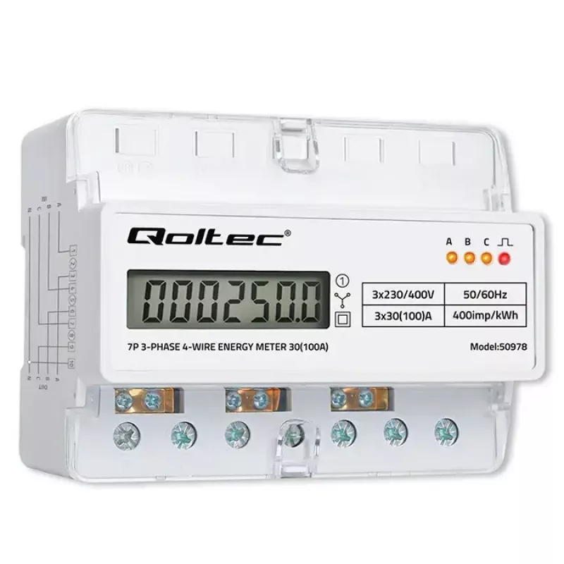 Τριφασικός μετρητής ενέργειας ράγας QOLTEC 50978 — 400 V, 100 A