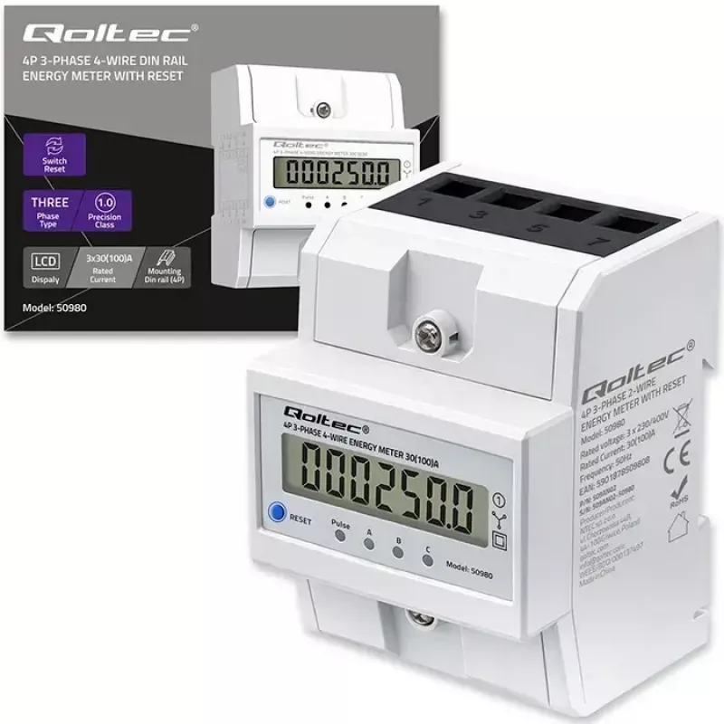 Τριφασικός μετρητής QOLTEC 50980 — 400 V, 100 A με επαναφορά