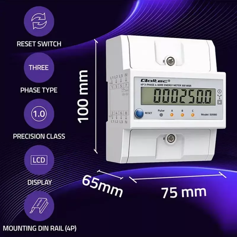 Τριφασικός μετρητής QOLTEC 50980 — 400 V, 100 A με επαναφορά