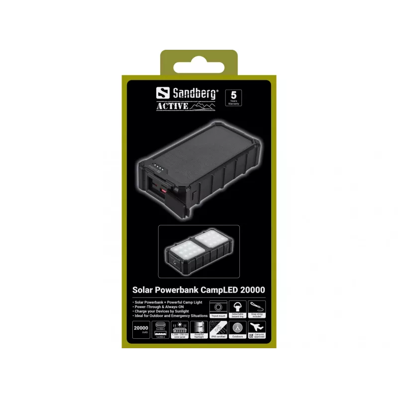 Sandberg Solar Powerbank CampLED 20000, 20000 mAh, Programmable Power Supply (PPS), 3,7 V, 15 W, Μαύρο