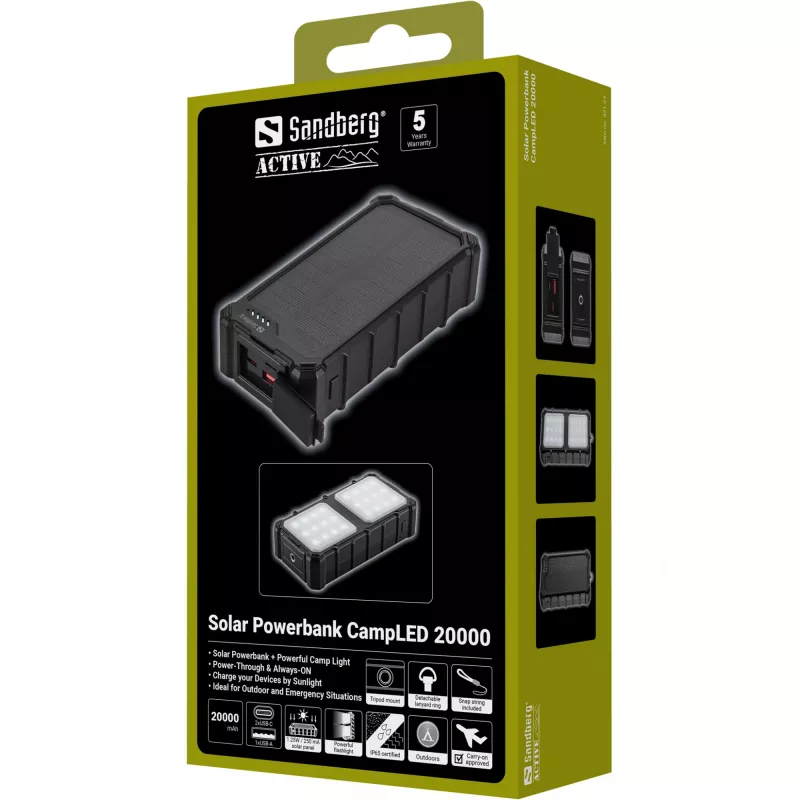 Sandberg Solar Powerbank CampLED 20000, 20000 mAh, Programmable Power Supply (PPS), 3,7 V, 15 W, Μαύρο
