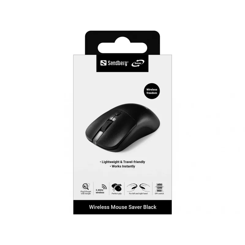 Sandberg Ασύρματο ποντίκι Saver Μαύρο, Αμφίχειρο, RF Wireless, 1600 DPI, Μαύρο