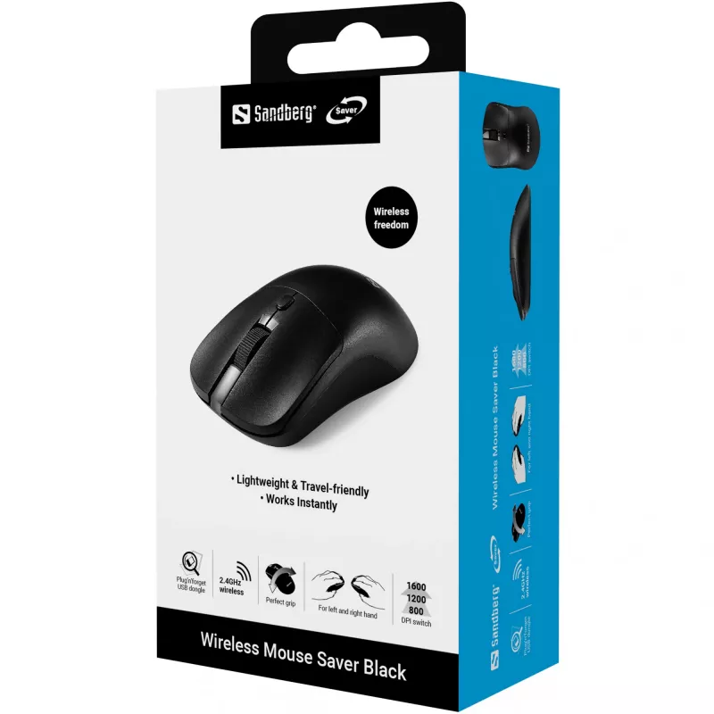 Sandberg Ασύρματο ποντίκι Saver Μαύρο, Αμφίχειρο, RF Wireless, 1600 DPI, Μαύρο