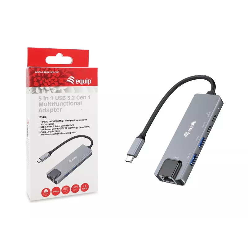 Equip 5-in-1 Πολυπροσαρμογέας, 2,5GbE, USB-A x 2, USB-C x 1, USB-C, 100W USB PD