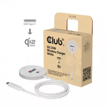 Ασύρματος φορτιστής club 3d CAC-3026 25W Qi2 μαγνητικό pad, Qi 2.2 MagSafe συμβατό, καλώδιο 1 m, λευκό