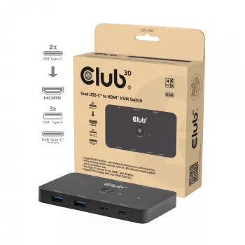 Διακόπτης KVM club 3d Dual USB-C σε HDMI, 2 θυρών, 4K UHD 3840x2160, κονσόλα USB-C, 65W PD, μαύρο