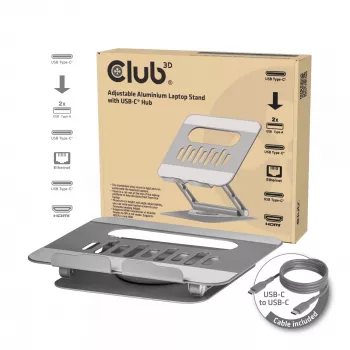 CLUB3D ρυθμιζόμενη βάση laptop αλουμινίου με USB-C® Hub, γκρι, 260 mm, 224 mm, 56 mm, 1,76 kg, 315 mm