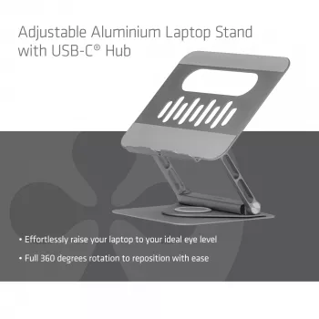 CLUB3D ρυθμιζόμενη βάση laptop αλουμινίου με USB-C® Hub, γκρι, 260 mm, 224 mm, 56 mm, 1,76 kg, 315 mm