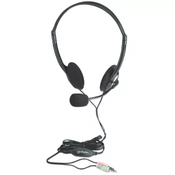 Manhattan Στερεοφωνικό On-Ear Headset (3,5 mm), βραχίονας μικροφώνου, ενσωματωμένος έλεγχος έντασης, μαξιλαράκια αφρού, τυπικά 2x 3,5 mm στερεοφωνικά βύσματα jack για χρήση ήχου/μικροφώνου, καλώδιο 2 m, Μαύρο, τρία χρόνια εγγύηση