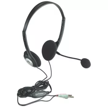Manhattan Στερεοφωνικό On-Ear Headset (3,5 mm), βραχίονας μικροφώνου, ενσωματωμένος έλεγχος έντασης, μαξιλαράκια αφρού, τυπικά 2x 3,5 mm στερεοφωνικά βύσματα jack για χρήση ήχου/μικροφώνου, καλώδιο 2 m, Μαύρο, τρία χρόνια εγγύηση