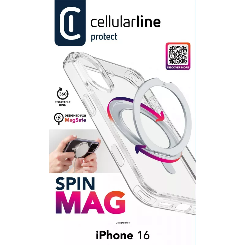 Cellularline Spin Mag - Θήκη iPhone 16 με περιστρεφόμενο δακτύλιο, συμβατή με οικοσύστημα Magsafe