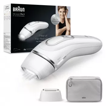 Συσκευή αποτρίχωσης IPL BRAUN Silk‑expert Pro 3 PL3020 — Ασημί/Λευκό, με καλώδιο, εξαρτήματα για πρόσωπο και σώμα