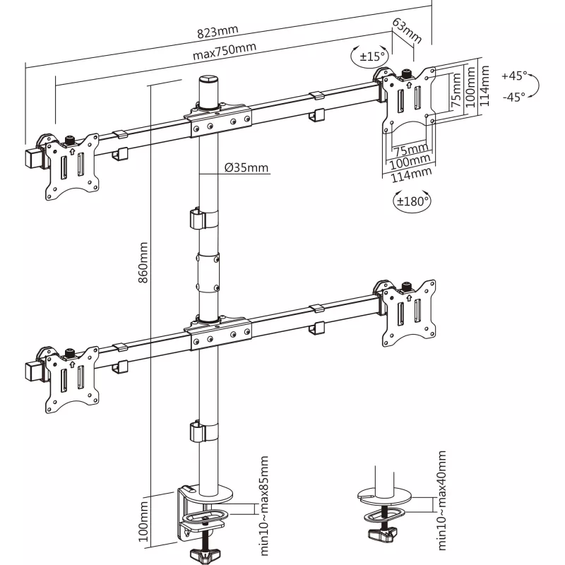 InLine Βάση τραπεζιού για 4x TV / LED / TFT οθόνη έως 81cm 32 ίντσες μέγ. 9kg