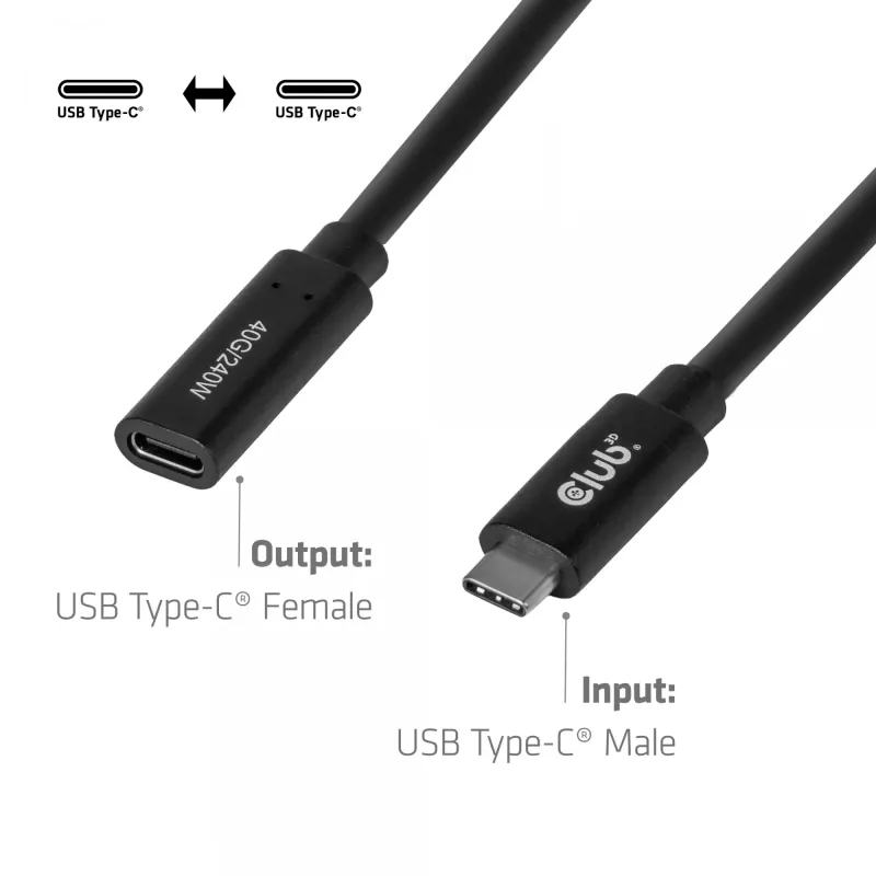 USB-C 40Gbps καλώδιο επέκτασης 1 m — club 3d, USB C σε USB C, μαύρο