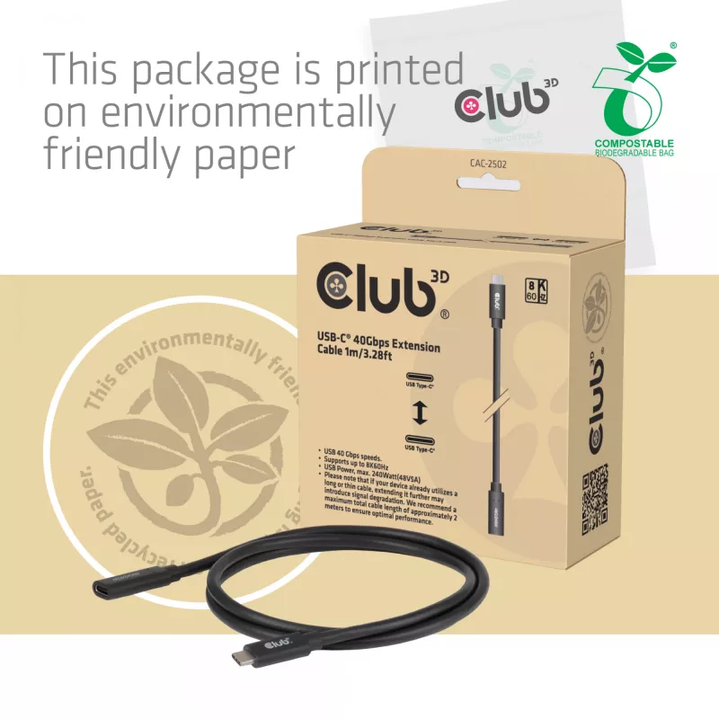 USB-C 40Gbps καλώδιο επέκτασης 1 m — club 3d, USB C σε USB C, μαύρο