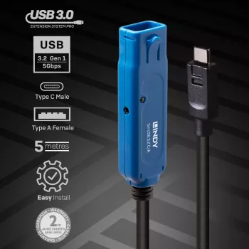Καλώδιο Lindy 5m USB 3.2 Gen 1 C/A Active Extension Pro, 5 m, USB C, USB A, USB 3.2 Gen 1 (3.1 Gen 1), μαύρο