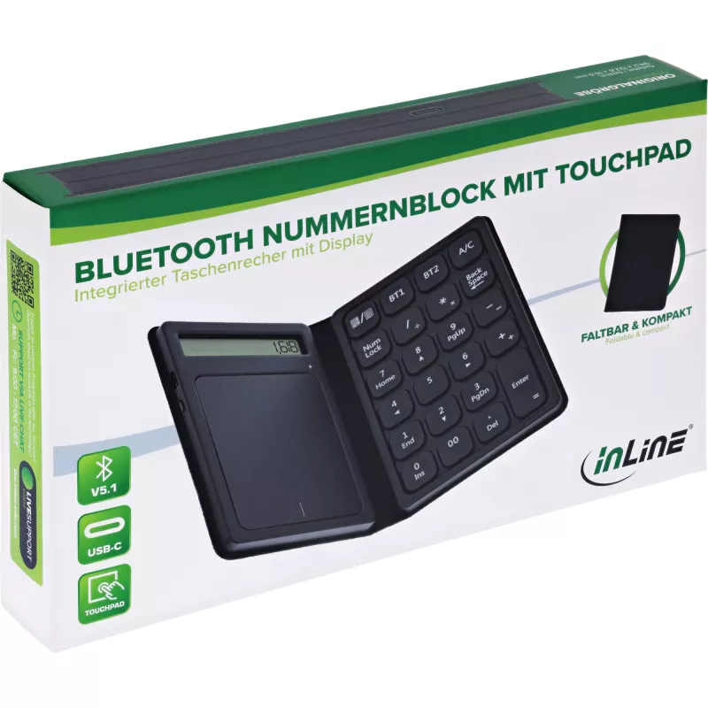 InLine 55379G Bluetooth αριθμητικό πληκτρολόγιο με touchpad και οθόνη, αναδιπλούμενο, Μαύρο