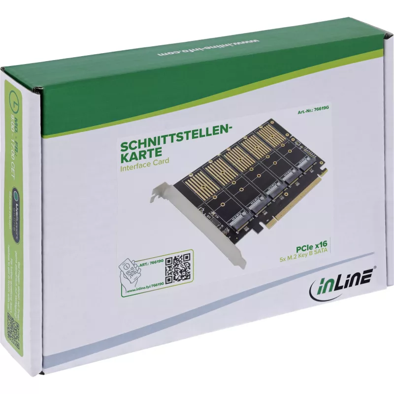 InLine 76619G Κάρτα διασύνδεσης, PCIe x16 σε 5x M.2 Key B SATA, με μάσκα low-profile