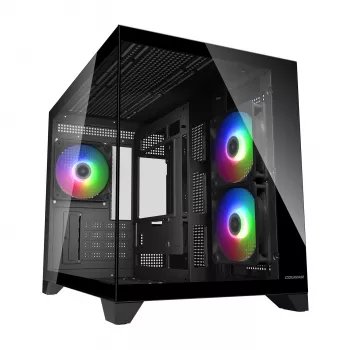 Κουτί υπολογιστή Mini-Tower Cougar FV150 ARGB — μαύρο, υποστηρίζει 2x120/140 mm πλαϊνούς ανεμιστήρες, 1x120 mm πίσω, HDD 2,5 ίντσες/3,5 ίντσες, 285×435×365 mm