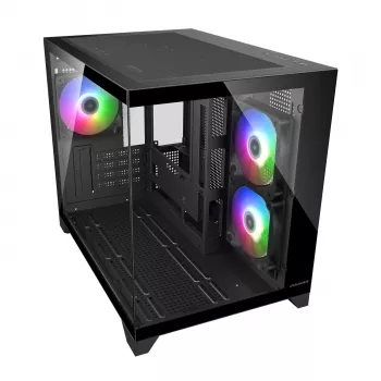 Κουτί υπολογιστή Mini-Tower Cougar FV150 ARGB — μαύρο, υποστηρίζει 2x120/140 mm πλαϊνούς ανεμιστήρες, 1x120 mm πίσω, HDD 2,5 ίντσες/3,5 ίντσες, 285×435×365 mm