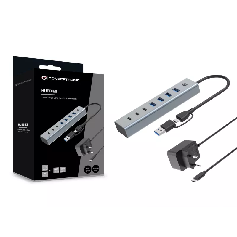 Conceptronic HUBBIES20GP Hub USB 3.0 7 θυρών με τροφοδοτικό, 5Gbps, USB-C x 3, USB-A x 4