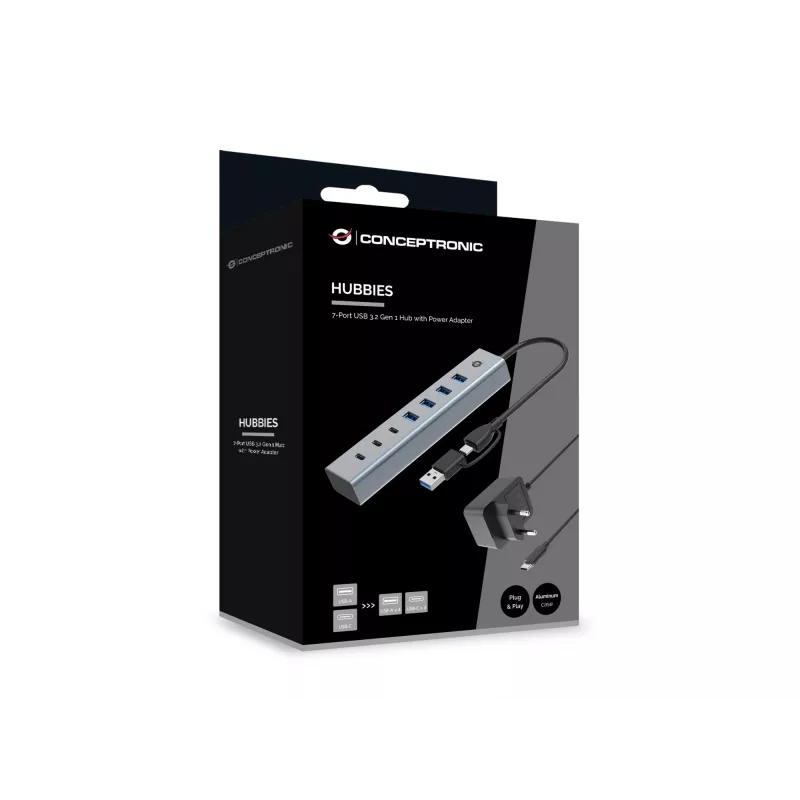 Conceptronic HUBBIES20GP Hub USB 3.0 7 θυρών με τροφοδοτικό, 5Gbps, USB-C x 3, USB-A x 4