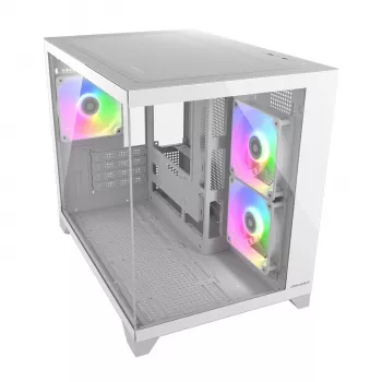 Κουτί Mini Tower PC Cougar FV150 ARGB Λευκό — Micro-ATX / Mini-ITX, πλαϊνό παράθυρο, 2x120mm + 1x120mm ανεμιστήρες, 2,5 ίντσες & 3,5 ίντσες υποδοχές
