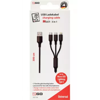Καλώδιο USB 2GO 797154 3m USB B USB C/Micro-USB B/Lightning Μαύρο