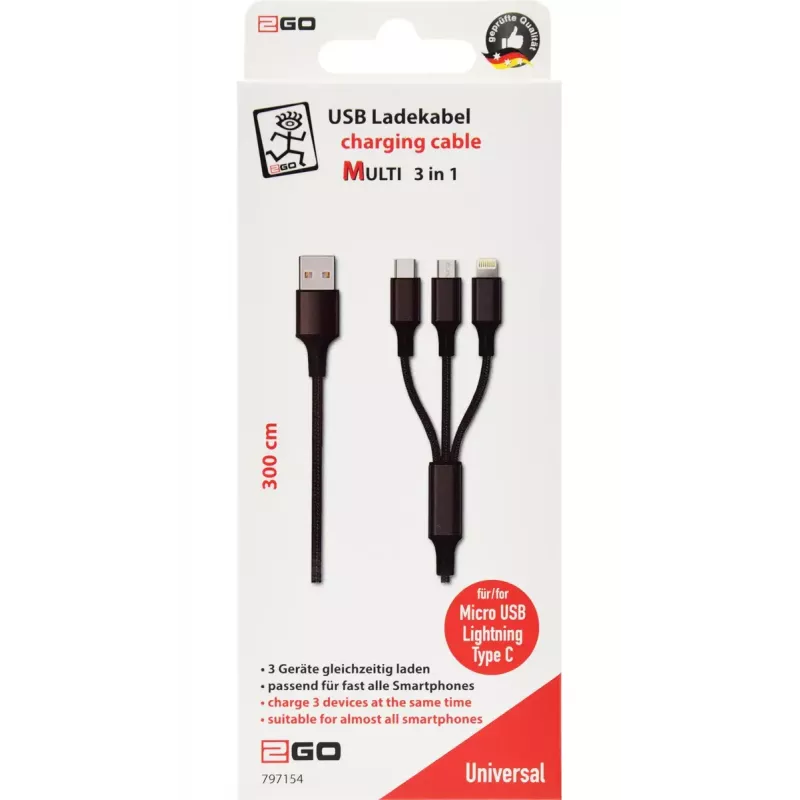 Καλώδιο USB 2GO 797154 3m USB B USB C/Micro-USB B/Lightning Μαύρο