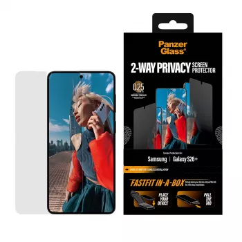 Μεμβράνη προστασίας οθόνης PanzerGlass 2-way privacy για Samsung New Galaxy S 2026 Plus — εξαιρετικά ευρεία μεμβράνη PET με FASTFIT