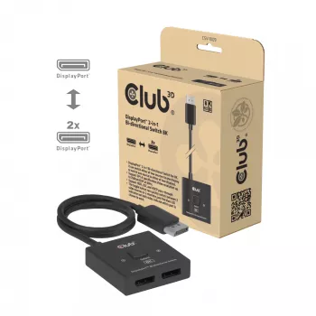 DisplayPort 2‑σε‑1 αμφίδρομος διακόπτης CLUB3D CSV-1009 — 2x έξοδοι DisplayPort, 8K@60Hz, Μαύρο
