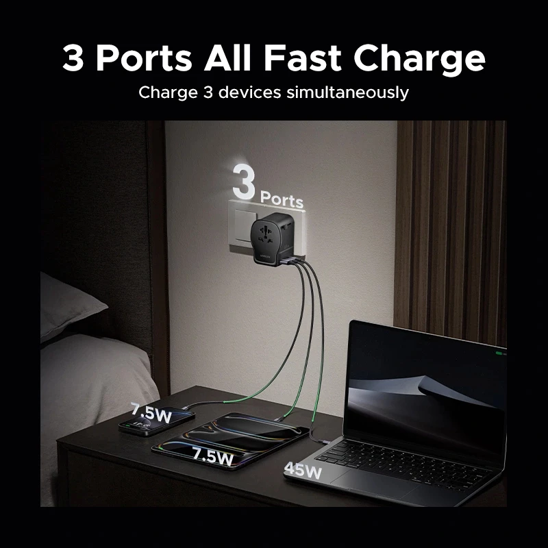 UGREEN S550 65W universal ταξιδιωτικός προσαρμογέας, 2x USB-C + USB-A, 55001