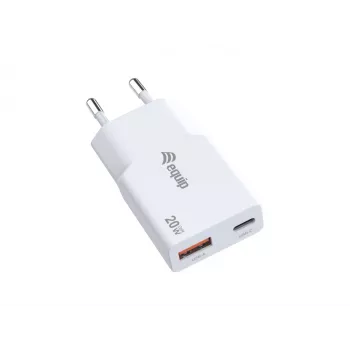 EQUIP 2‑Port 20W GaN λεπτός φορτιστής USB PD — USB‑C x1, USB‑A x1, είσοδος 100–240V, μέγιστη έξοδος 12V, λευκό