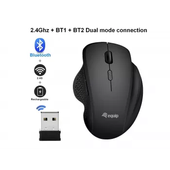 EQUIP επαναφορτιζόμενο ασύρματο ποντίκι dual-mode 6 κουμπιών – για δεξιόχειρες, οπτικό 1600 DPI, RF Wireless + Bluetooth, μαύρο