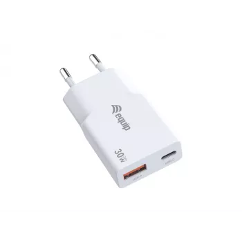 EQUIP φορτιστής GaN 2 θυρών 30W λεπτός USB PD — USB‑C x1, USB‑A x1, είσοδος 100–240V, έξοδος max 20V, λευκό