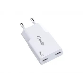 EQUIP φορτιστής GaN 2 θυρών 30W λεπτός USB-C PD — 2 θύρες USB-C, είσοδος 100–240 V, έξοδος max. 20 V, λευκό