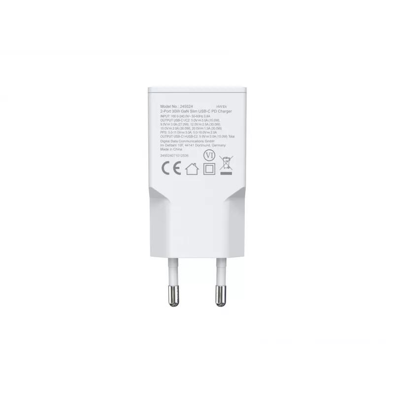 EQUIP φορτιστής GaN 2 θυρών 30W λεπτός USB-C PD — 2 θύρες USB-C, είσοδος 100–240 V, έξοδος max. 20 V, λευκό