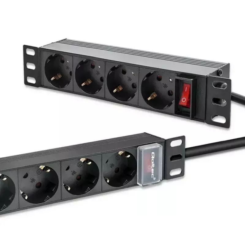 Πολύπριζο QOLTEC 54603 — 1U για τοποθέτηση σε rack, είσοδος 16A, 4× πρίζες Schuko