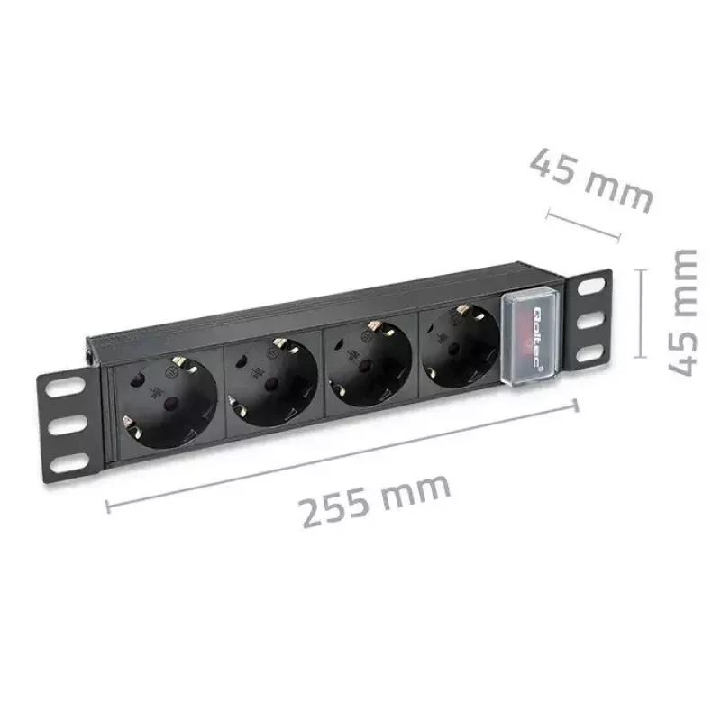 Πολύπριζο QOLTEC 54603 — 1U για τοποθέτηση σε rack, είσοδος 16A, 4× πρίζες Schuko