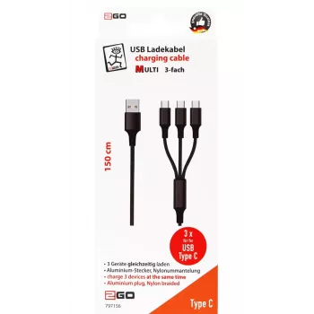 Καλώδιο USB 2GO 797156 1,5 m USB B 3 x USB C Μαύρο