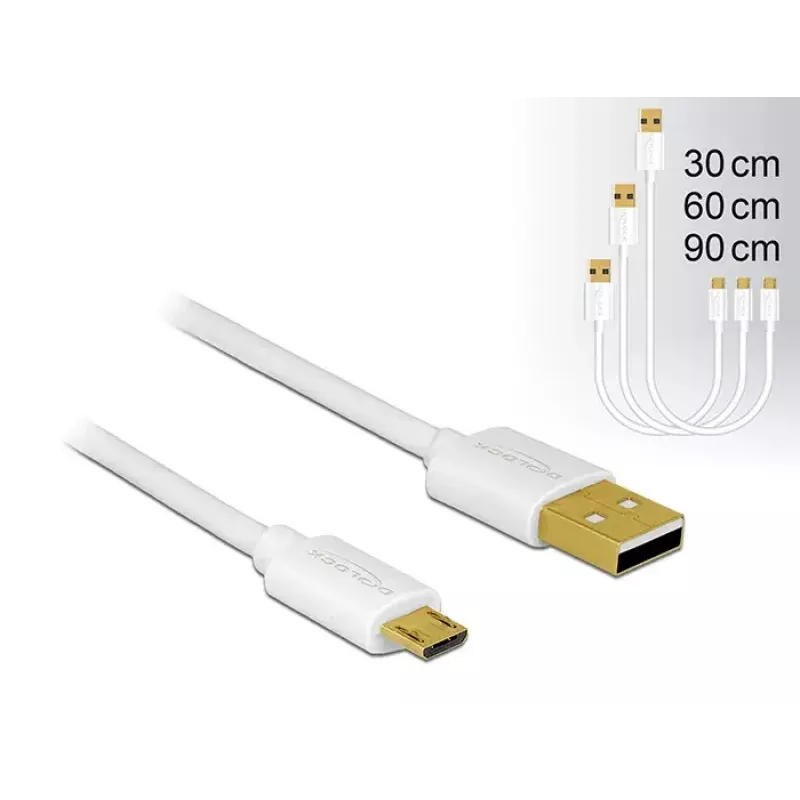Delock Καλώδιο δεδομένων και φόρτισης USB 2.0 Type-A σε Micro-B, σετ 3 τεμαχίων, λευκό