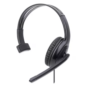 Manhattan Mono Over-Ear ακουστικά με μικρόφωνο (USB), βραχίονας μικροφώνου (με επένδυση), συσκευασία λιανικής, ρυθμιζόμενο κεφαλόδεσμο, τηλεχειριστήριο καλωδίου, μαξιλαράκια αυτιών, USB-A για ήχο και μικρόφωνο, καλώδιο 1,5 m, τρία χρόνια εγγύηση