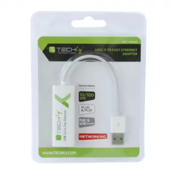 Μετατροπέας Techly USB2.0 σε Fast Ethernet 10/100 Mbit/s, ενσύρματος, USB, Ethernet, 100 Mbit/s, λευκό