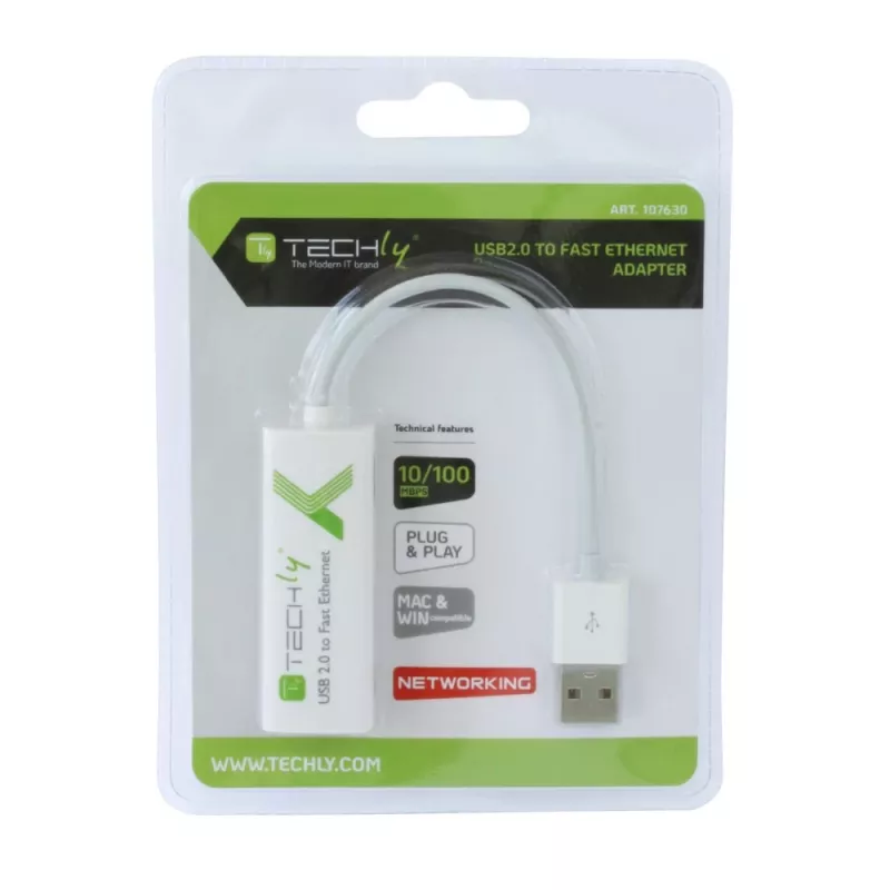 Μετατροπέας Techly USB2.0 σε Fast Ethernet 10/100 Mbit/s, ενσύρματος, USB, Ethernet, 100 Mbit/s, λευκό