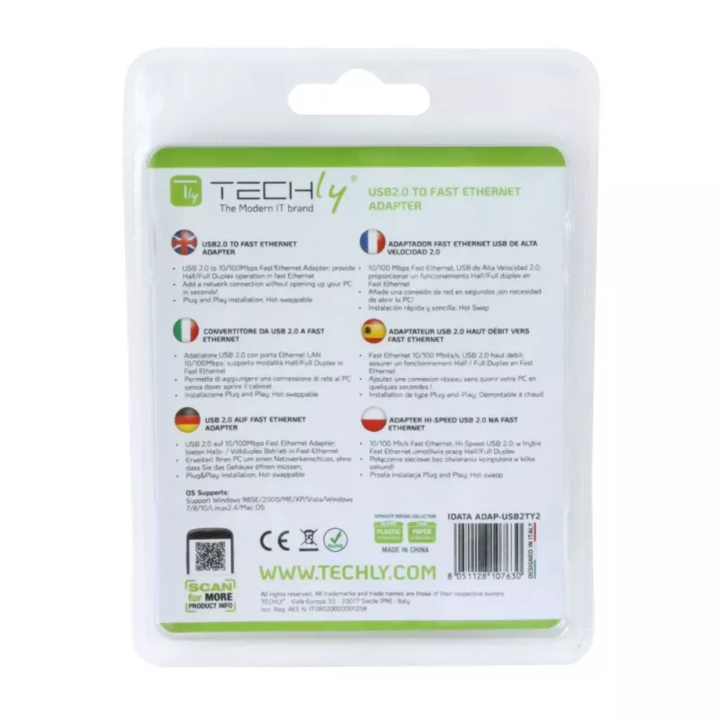 Μετατροπέας Techly USB2.0 σε Fast Ethernet 10/100 Mbit/s, ενσύρματος, USB, Ethernet, 100 Mbit/s, λευκό