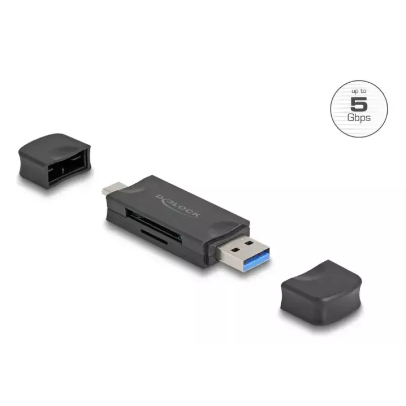 Αναγνώστης καρτών DELOCK USB 5 Gbps USB Type-C / Type-A για SD και MicroSD, Μαύρο, 5000 Mbit/s, 21×77×10 mm