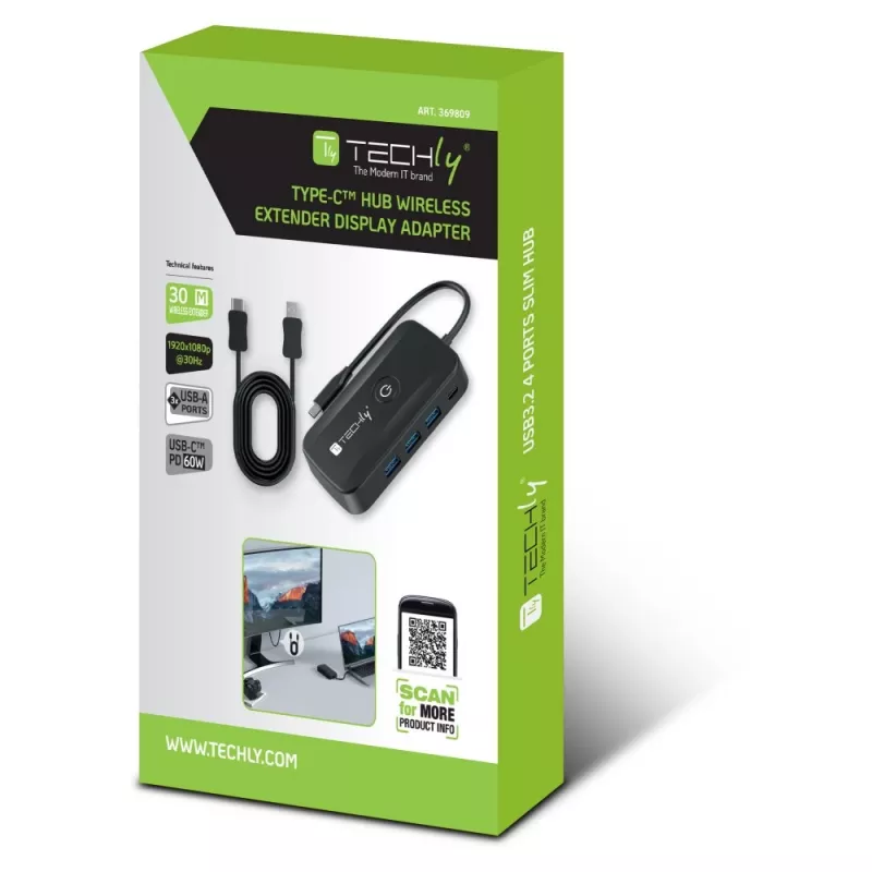 Techly IDATA USBC-HUB5WL AV-Extender Πομπός & δέκτης AV μαύρο