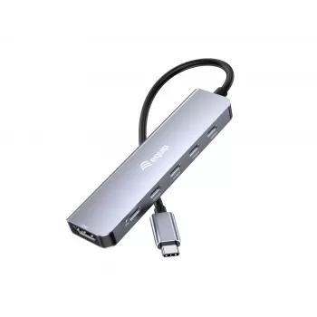 Πολυλειτουργικός προσαρμογέας EQUIP USB-C 6 σε 1 — HDMI 4K/60Hz, 4× USB-C Gen2 (10Gbps), 100W PD, καλώδιο 0,25 m, γκρι